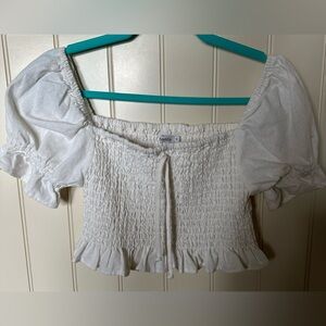 GHANDA Ladies Size Small White Gathered Puffed Short Sleeve Party Crop T…